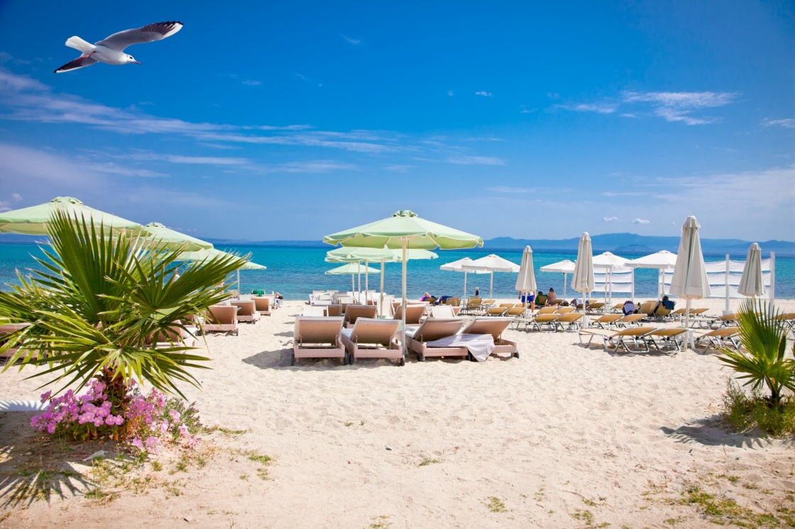 Beautiful Hanioti beach on Kasandra peninsula, Halkidiki,  Greece.